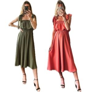 Handmade Custom Rust Clay Olive Green and Red Midi Tie Strap Rayon Ruffle Dress